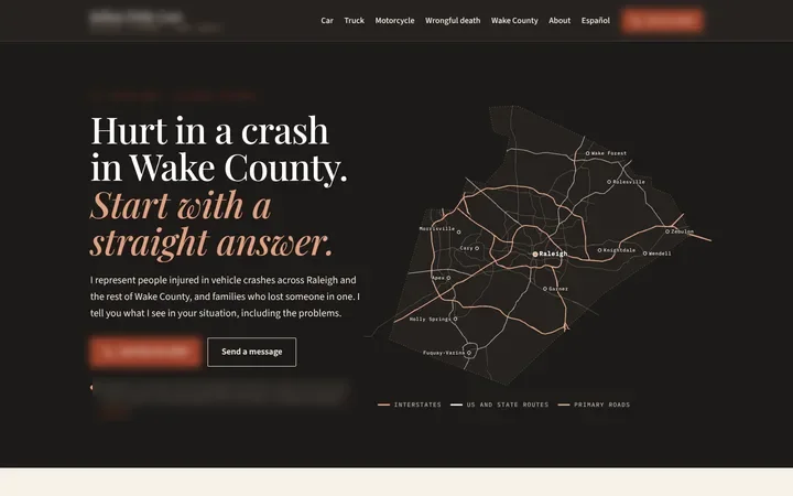 Live site for a injury firm serving Raleigh and the rest of Wake County, NC, desktop view, identifying details blurred