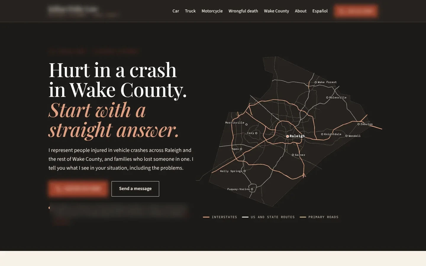 Homepage of an injury firm serving Raleigh and Wake County, identifying details blurred