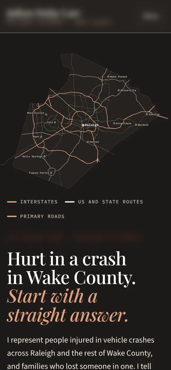 Live site for a injury firm serving Raleigh and the rest of Wake County, NC, phone view, identifying details blurred