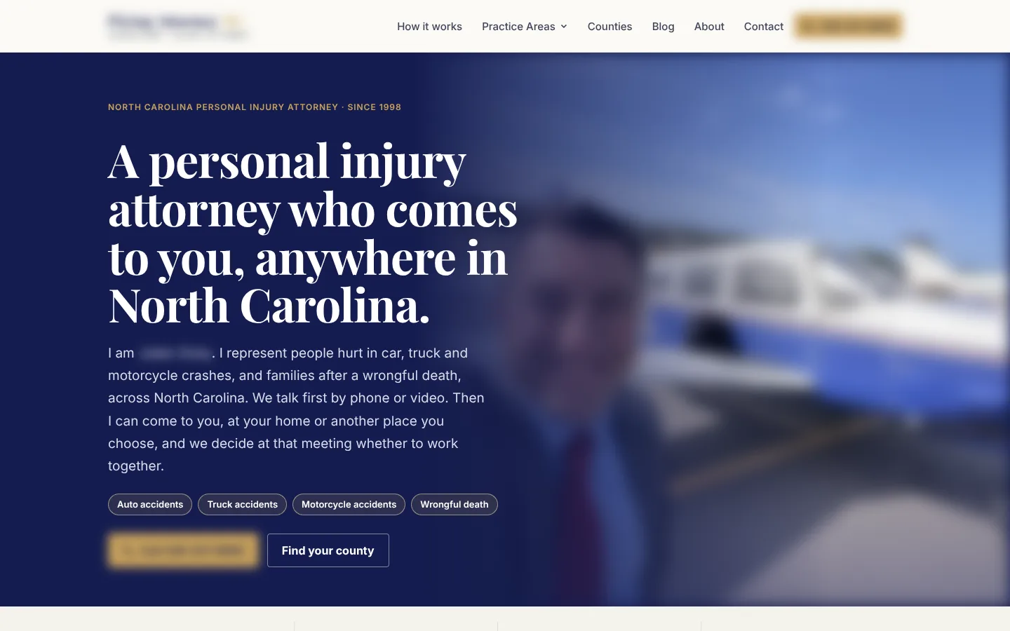 Homepage of a statewide North Carolina injury lawyer, identifying details blurred