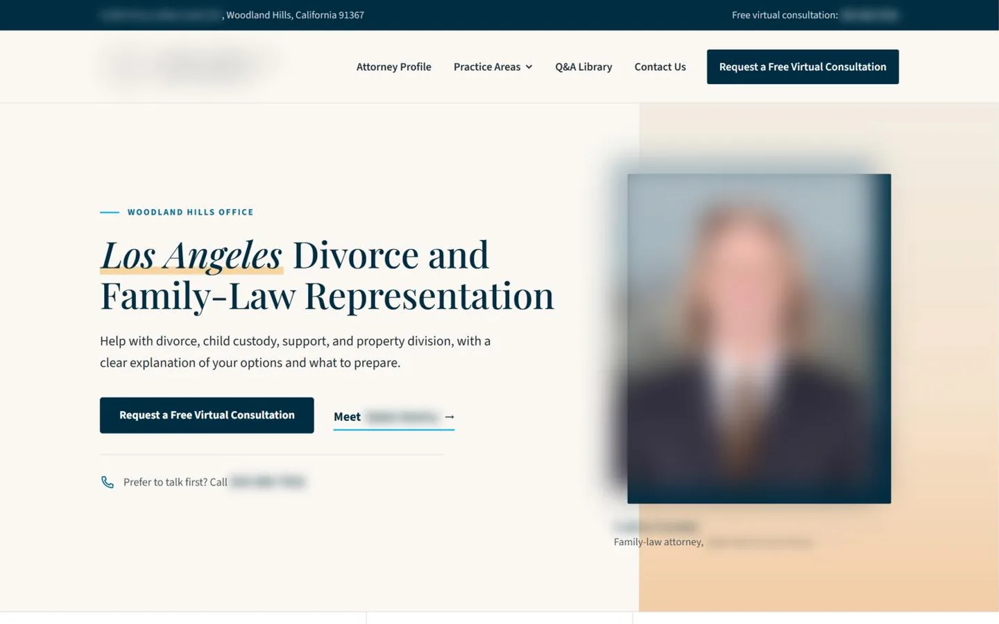 Homepage concept for a divorce and custody practice in greater Los Angeles, identifying details blurred