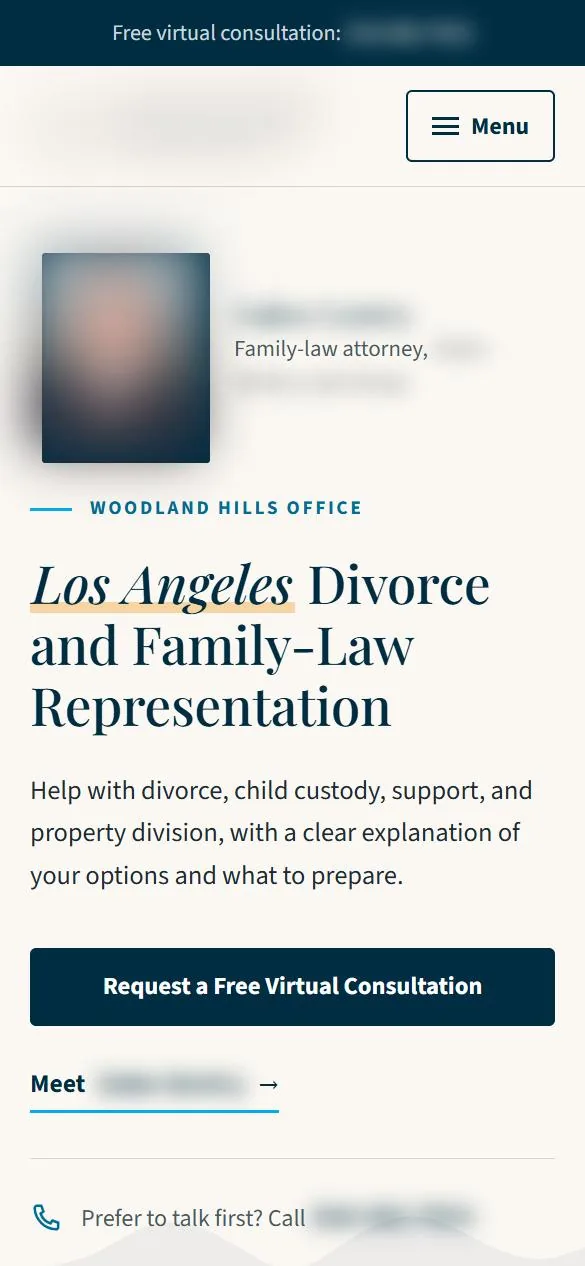 Homepage concept for a divorce and custody practice in greater Los Angeles, phone view, identifying details blurred