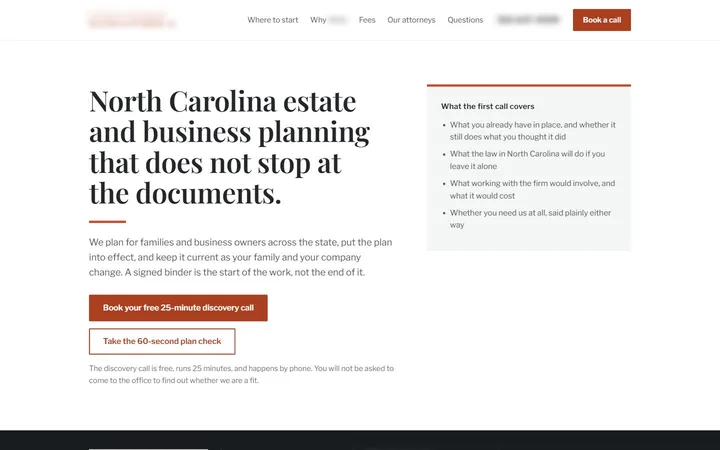 Homepage concept for a north Carolina estate and business planning practice, desktop view, identifying details blurred