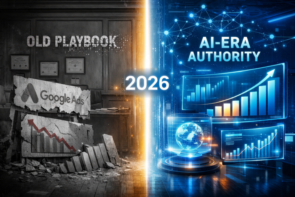 Legal marketing evolution 2026 showing transition from traditional SEO and Google Ads to AI-powered search with Voice DNA technology and authority building for attorneys