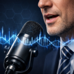 Attorney speaking into microphone with digital voice waveform analysis overlay representing Voice DNA for Attorneys technology