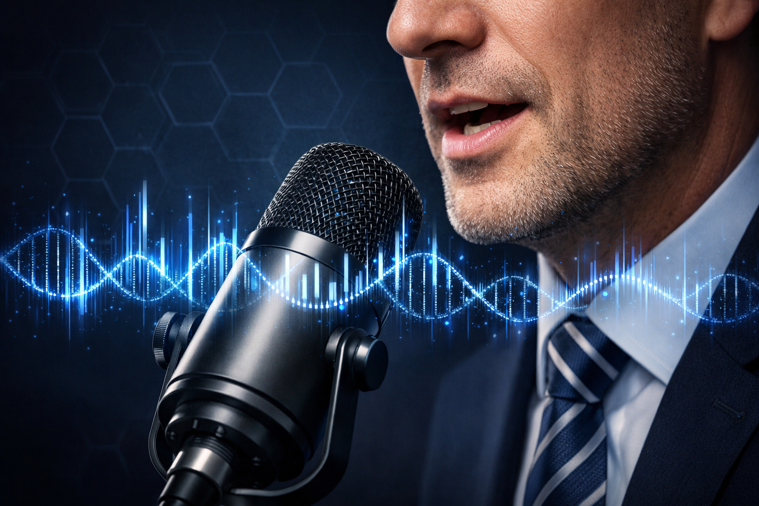 Attorney speaking into microphone with digital voice waveform analysis overlay representing Voice DNA for Attorneys technology