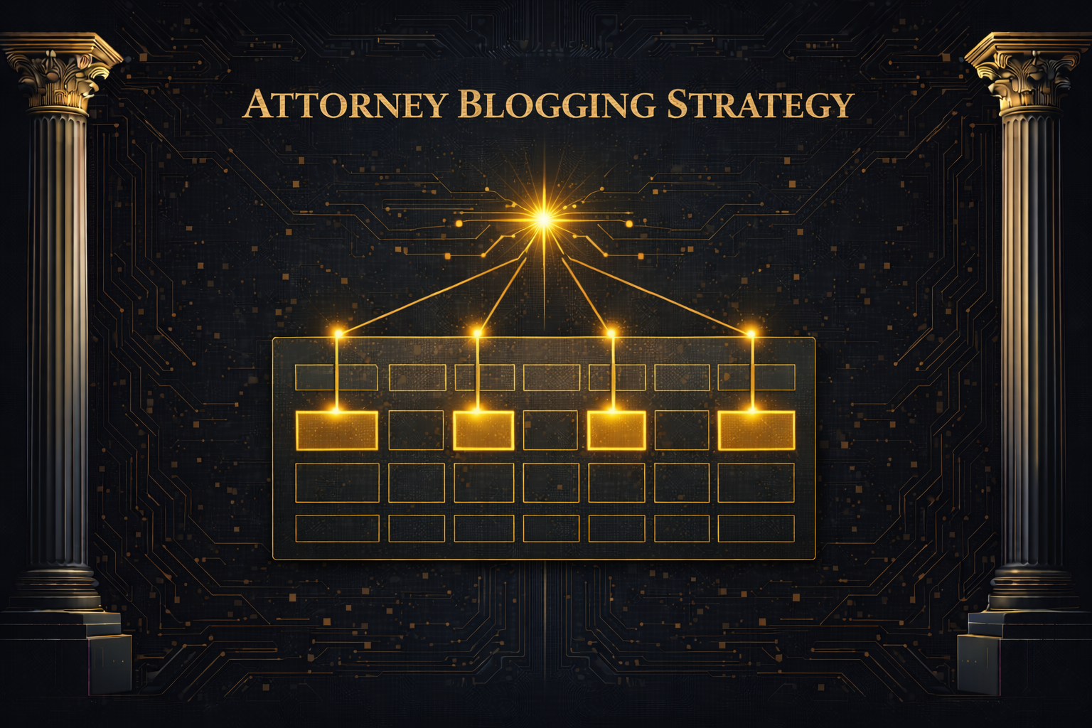 Calendar grid with four highlighted content blocks linked to a central hub