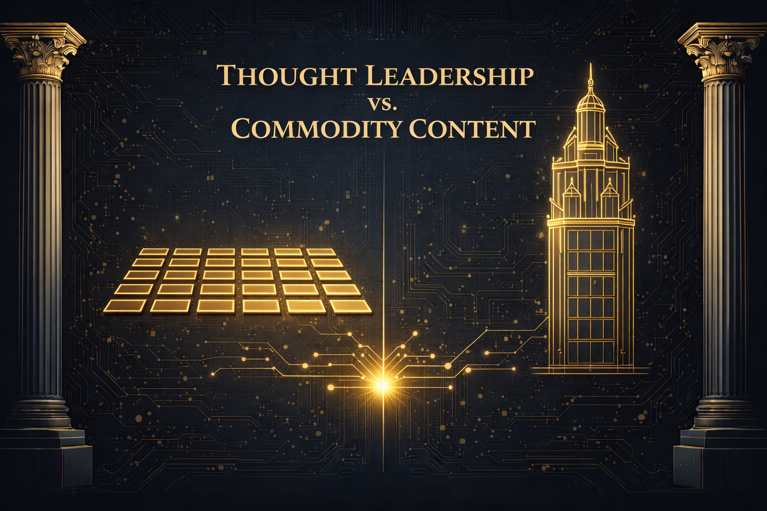 Contrast between uniform commodity grid and distinctive thought leadership tower