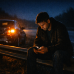 Man sitting alone on a highway guardrail at night searching his phone after a car accident, representing the urgent moment someone looks for a personal injury lawyer