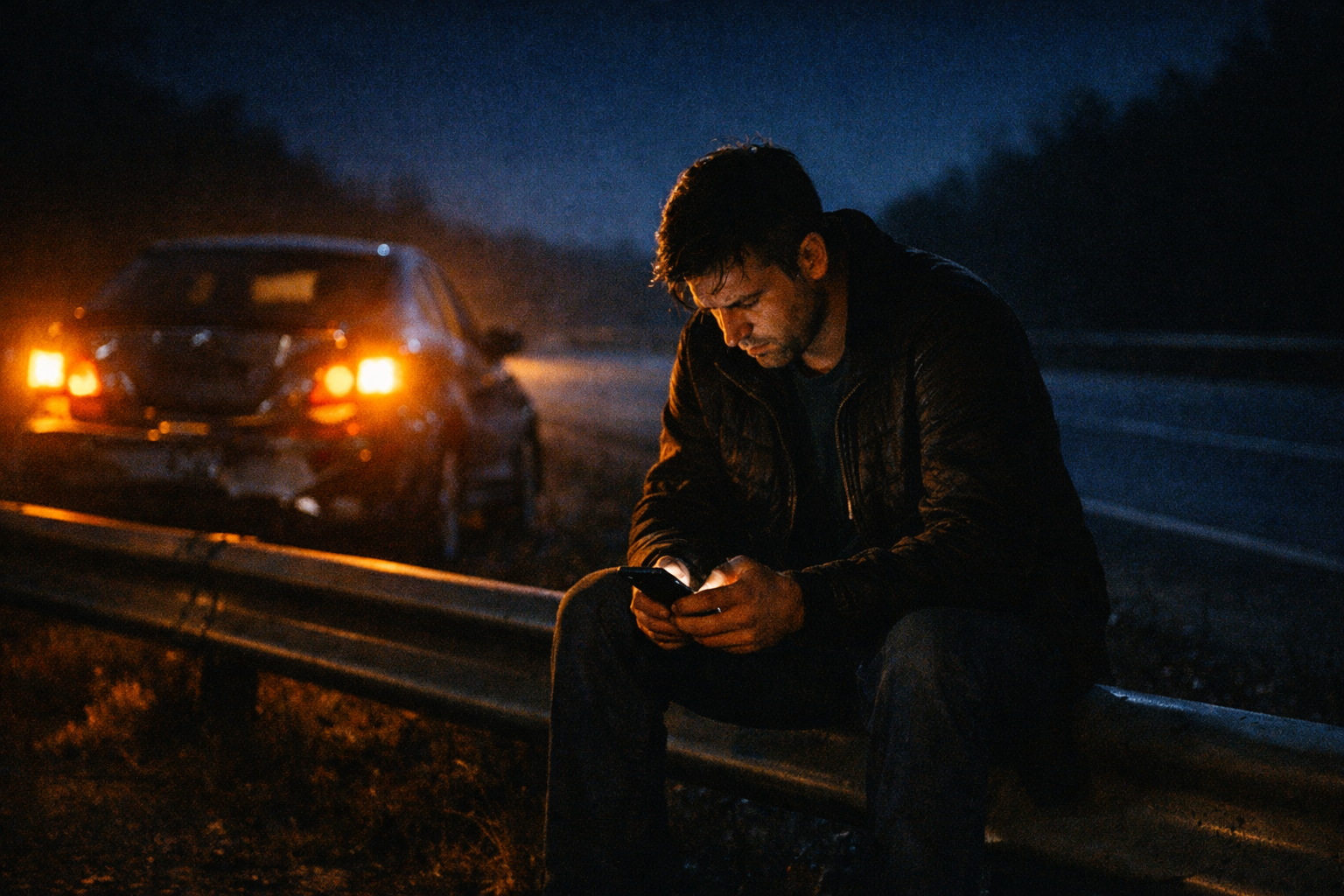 Man sitting alone on a highway guardrail at night searching his phone after a car accident, representing the urgent moment someone looks for a personal injury lawyer