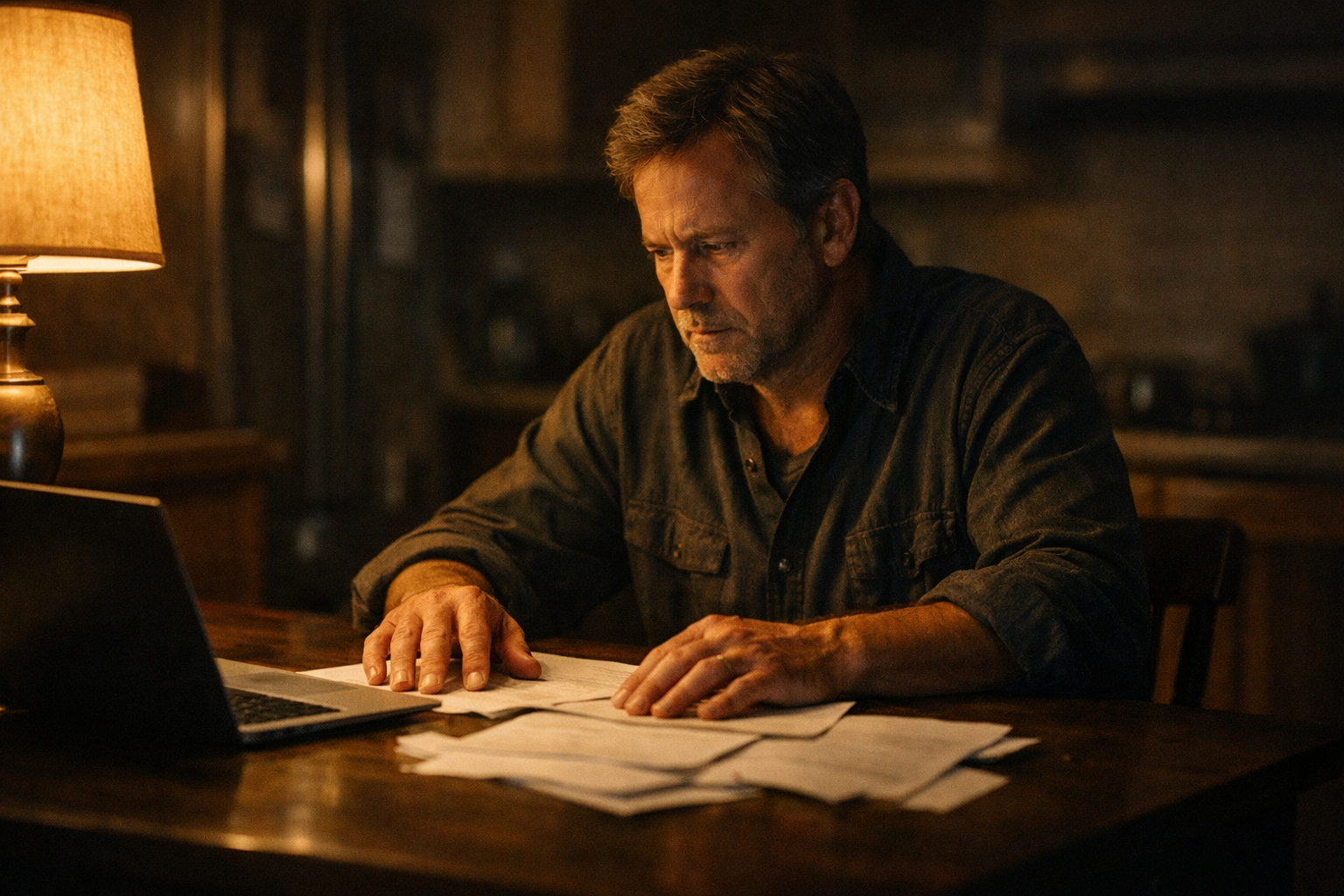 Man sitting alone at kitchen table late at night reviewing papers, representing the moment someone decides to find an estate planning lawyer.
