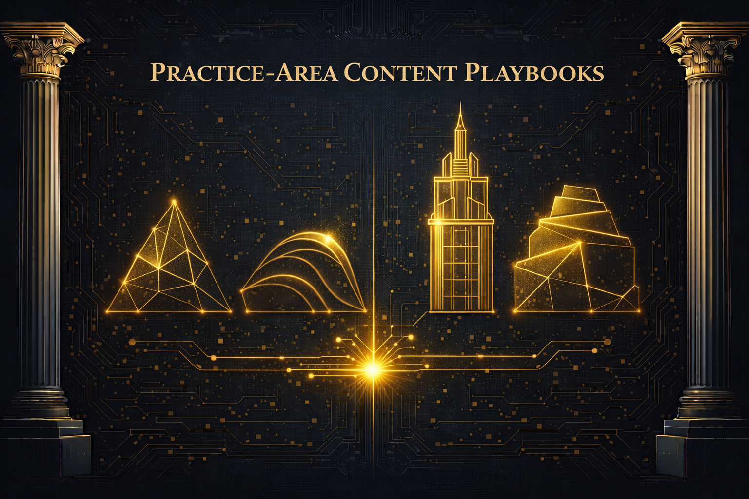 Four distinct geometric structures representing different legal practice areas