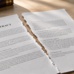 Photorealistic editorial image of a torn business contract split diagonally across a light wood desk, with realistic legal-style fine print visible on both pages. Warm natural sunlight streams from the upper left, creating soft shadows and a professional law office atmosphere. A Smart Chimp AI logo appears prominently in the upper right corner as a branded overlay. Shallow depth of field with a leather-bound book and pen subtly blurred in the background.