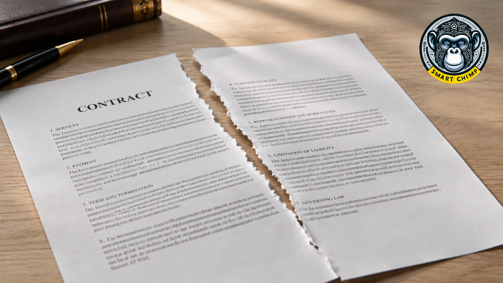 Photorealistic editorial image of a torn business contract split diagonally across a light wood desk, with realistic legal-style fine print visible on both pages. Warm natural sunlight streams from the upper left, creating soft shadows and a professional law office atmosphere. A Smart Chimp AI logo appears prominently in the upper right corner as a branded overlay. Shallow depth of field with a leather-bound book and pen subtly blurred in the background.